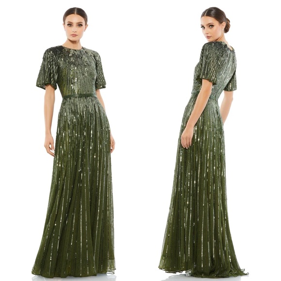 Mac Duggal Short Sleeve Sequin formal Evening Gown olive green Size 18 - Picture 1 of 7